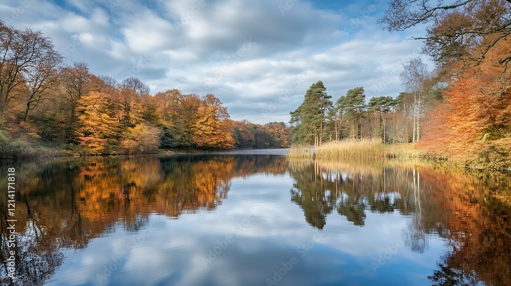 Idyllic autumn landscape reflection on tranquil forest lake with blue sky : Generative AI Idyllic autumn landscape reflection on tranquil forest lake with blue sky : Generative AI