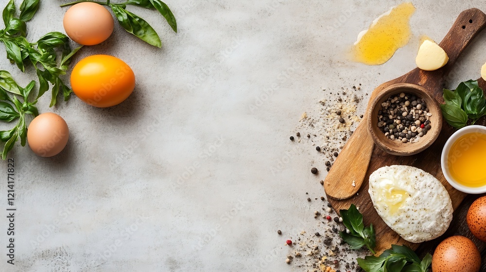 Rustic Culinary Scene with Fresh Eggs and Herbs on Concrete Surface : Generative AI Rustic Culinary Scene with Fresh Eggs and Herbs on Concrete Surface : Generative AI