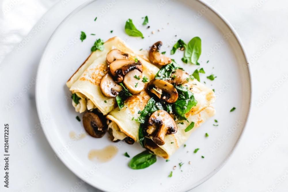Mini crepes filled with cashew cream, mushrooms, and spinach Mini crepes filled with cashew cream, mushrooms, and spinach
