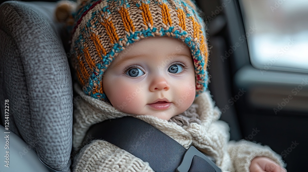 Cute baby car seat winter travel snowy day Cute baby car seat winter travel snowy day