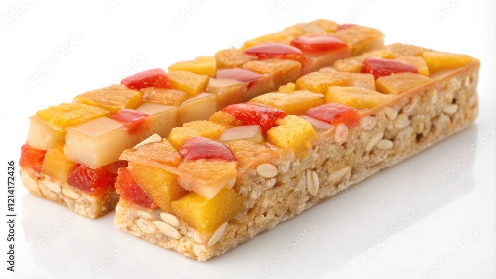 The intricate details of the snack bar emerge in a closeup showcasing its layered build with vibrant chunks of pineapple and papaya peeking through a honeycolored glaze The intricate details of the snack bar emerge in a closeup showcasing its layered build with vibrant chunks of pineapple and papaya peeking through a honeycolored glaze