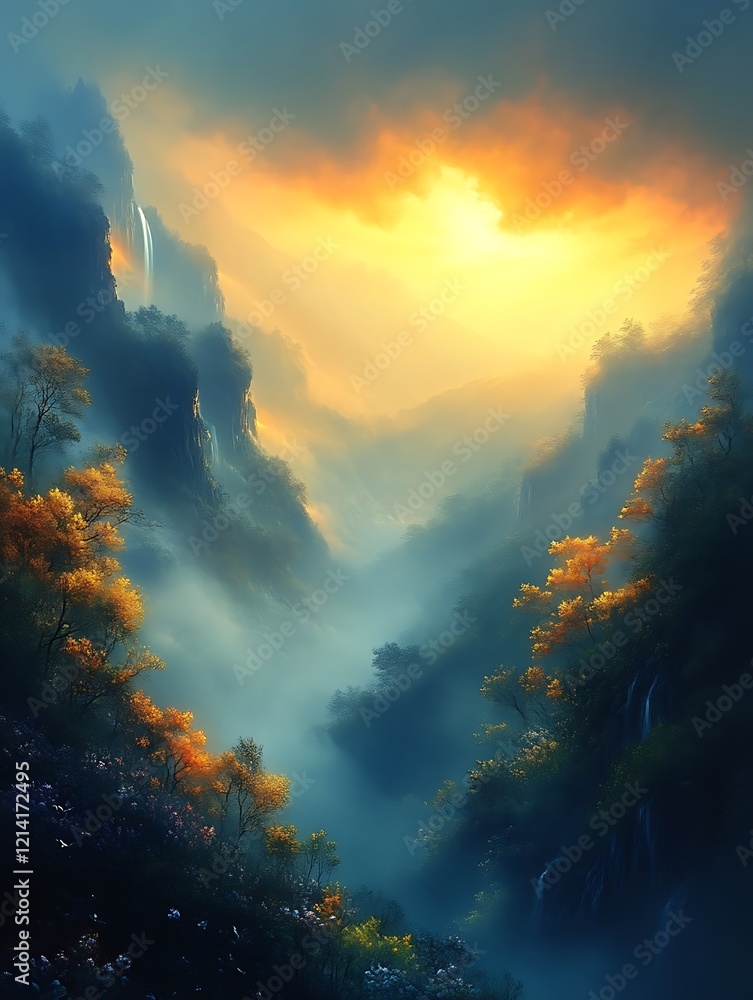 Fototapeta premium Misty sunset valley with waterfalls.