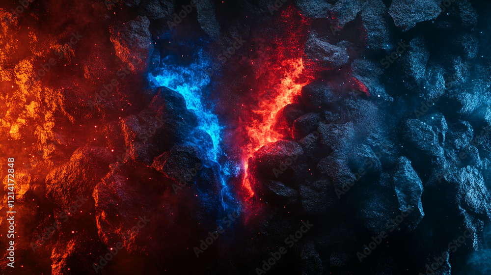 Fiery red and cool blue elements clash in an abstract display of contrasting forces Fiery red and cool blue elements clash in an abstract display of contrasting forces