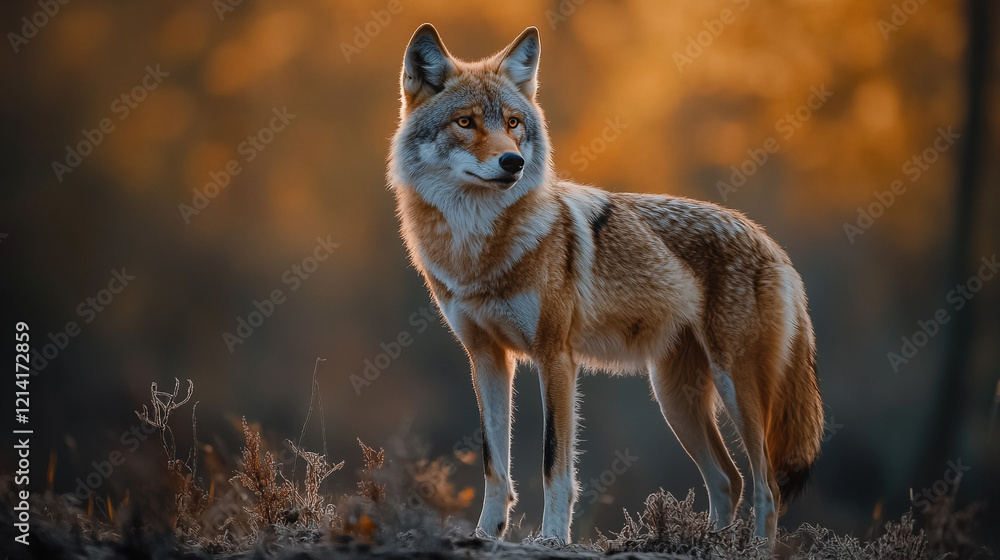 Fototapeta premium Elegant coyote standing in a forest setting during sunset