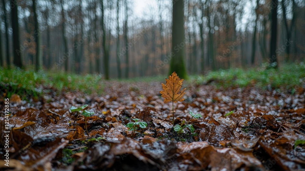 Autumn leaf on forest floor, wet leaves, path, trees Autumn leaf on forest floor, wet leaves, path, trees