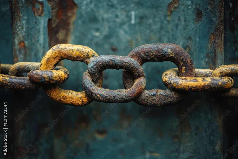 Rusty chain links against a weathered background in an industrial setting Rusty chain links against a weathered background in an industrial setting