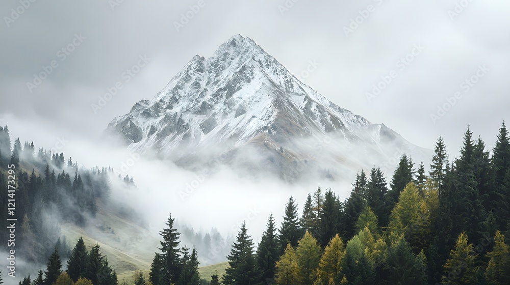 Obraz premium Majestic Snowy Mountain Peaks Shrouded in Misty Fog Amid Towering Evergreen Forest