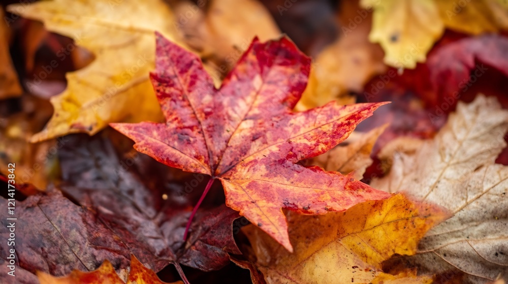 Vibrant red maple leaf in autumn forest with colorful foliage background : Generative AI Vibrant red maple leaf in autumn forest with colorful foliage background : Generative AI
