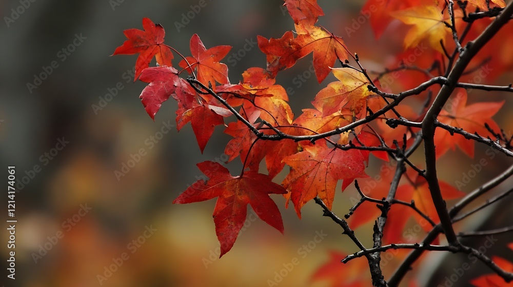 Closeup of Vibrant Red Maple Leaves on Branch with Autumnal Background : Generative AI Closeup of Vibrant Red Maple Leaves on Branch with Autumnal Background : Generative AI