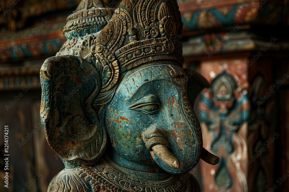 Obraz premium Intricately carved wooden statue of ganesha, the hindu god of wisdom and success, showcasing the beauty of indian craftsmanship