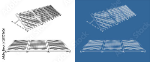 Isometric Technical Blueprint Illustration of Solar Panel Array and Structure line drawing. isolated on transparent background