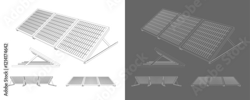 Set Isometric Technical Blueprint Illustration of Solar Panel Array and Structure