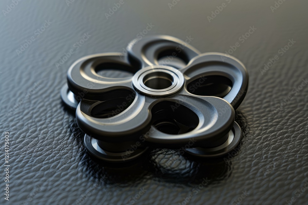 Close up view of a black metal fidget spinner with a unique design, resting on a black leather surface Close up view of a black metal fidget spinner with a unique design, resting on a black leather surface