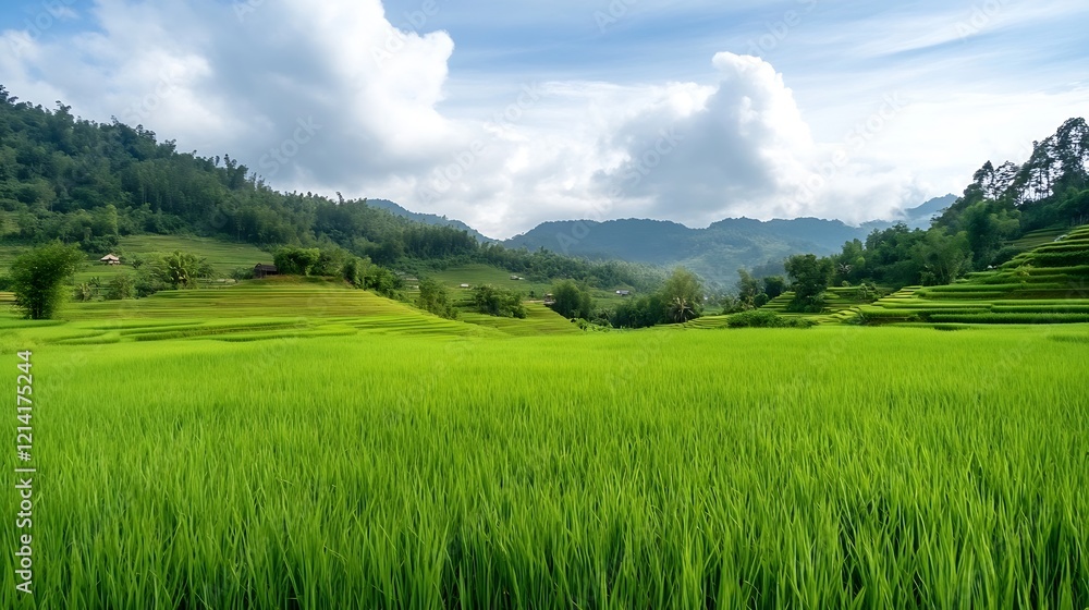 Lush Green Fields of Rice Under a Majestic Blue Sky for a Serene Landscape : Generative AI Lush Green Fields of Rice Under a Majestic Blue Sky for a Serene Landscape : Generative AI
