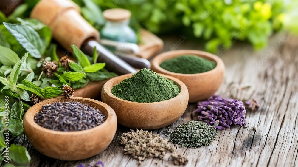 Aromatic Herb Powders in Wooden Bowls with Fresh Herbs on Rustic Table : Generative AI Aromatic Herb Powders in Wooden Bowls with Fresh Herbs on Rustic Table : Generative AI