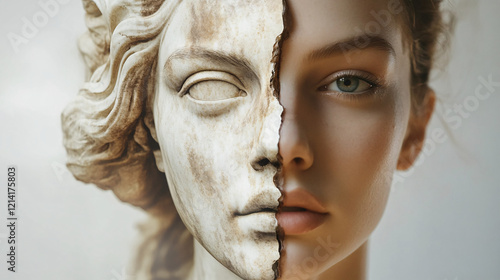 Wallpaper Mural A young woman with one half of her face merging into a weathered classical marble statue with carved details and an empty stone eye socket  
 Torontodigital.ca