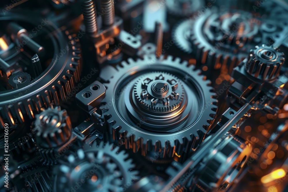 Close up view of a group of metallic gears working together, representing concepts such as industry, technology and precision Close up view of a group of metallic gears working together, representing concepts such as industry, technology and precision