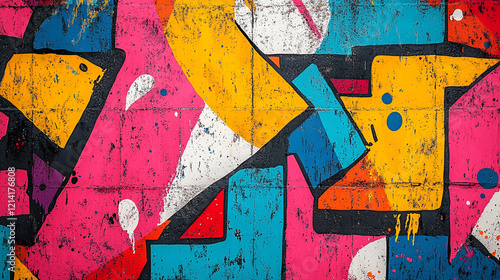 Bright and colorful abstract mural on a textured wall in an urban setting