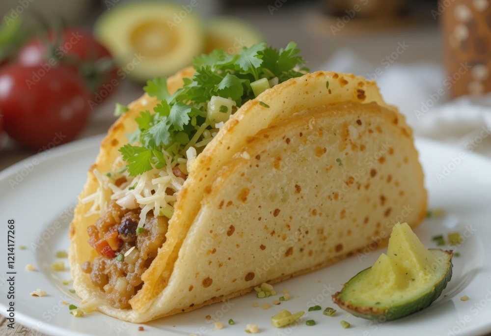 A delicious potato taco with a soft tortilla filled with crispy potato pieces, fresh vegetables, cheese and aromatic spices. The perfect dish for lovers of Mexican cuisine and vegetarian food A delicious potato taco with a soft tortilla filled with crispy potato pieces, fresh vegetables, cheese and aromatic spices. The perfect dish for lovers of Mexican cuisine and vegetarian food