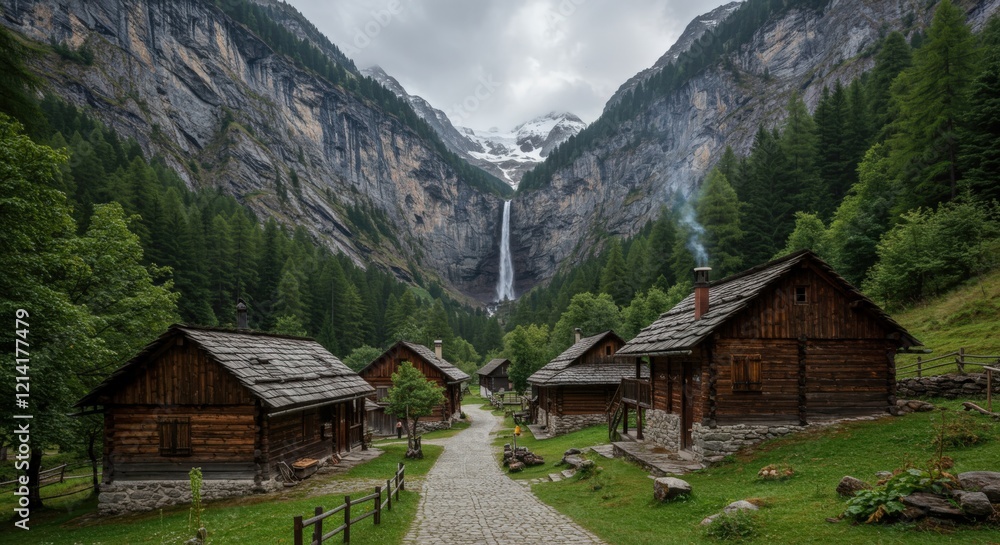 Remote mountain village nestled in valley surrounded by forests Remote mountain village nestled in valley surrounded by forests