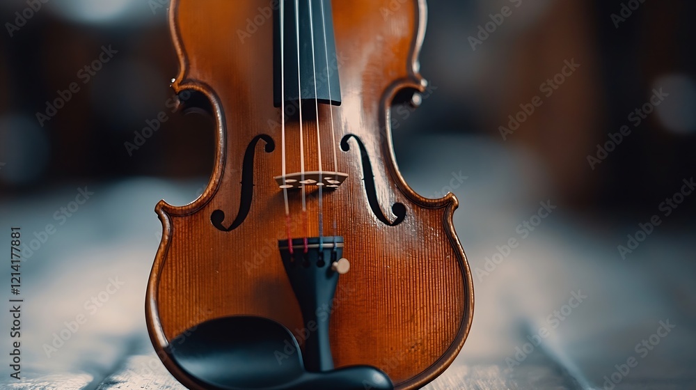 Fototapeta premium Classic Wooden Violin Close Up on Textured Wooden Surface : Generative AI