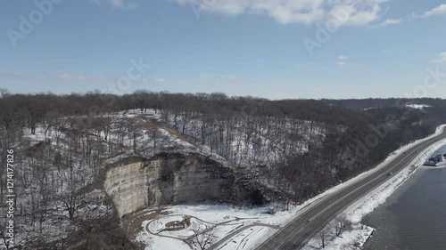 Flying around cliff by the Great River Road during winter in Alton, Illinois photo