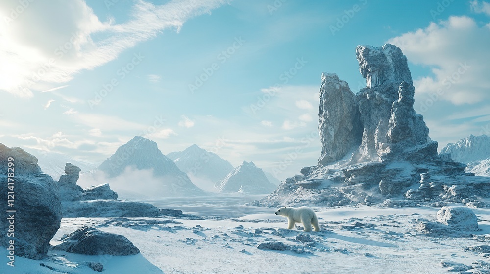 Polar bear traversing snowy arctic landscape with ice formations and mountains under a clear sky. Polar bear traversing snowy arctic landscape with ice formations and mountains under a clear sky.