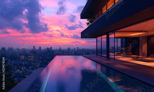 Luxurious Modern House with Infinity Pool Overlooking Cityscape at Sunset