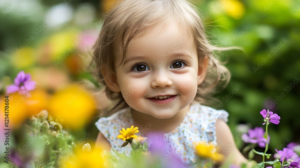 Happy Toddler Enjoying Nature Surrounded by Vibrant Flowers Outdoors : Generative AI Happy Toddler Enjoying Nature Surrounded by Vibrant Flowers Outdoors : Generative AI