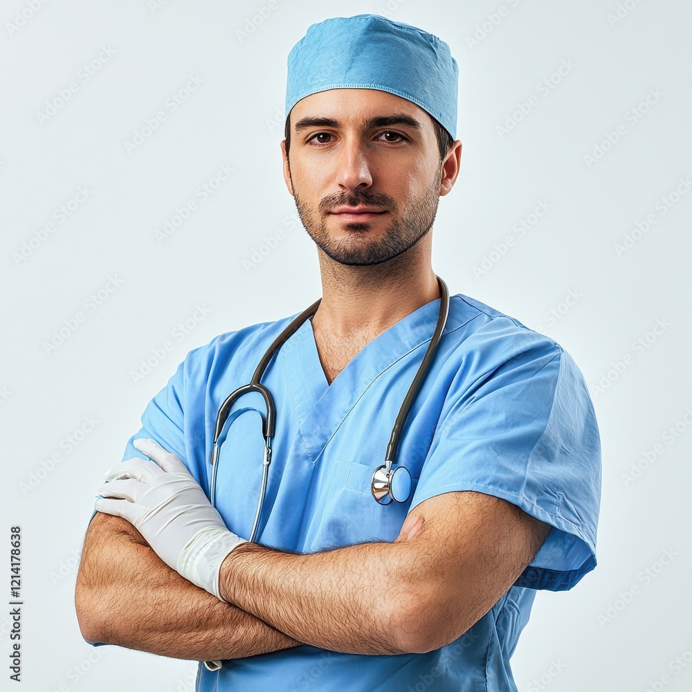 Realistic Portrait of a Male Doctor Wearing Scrubs and Stethoscope Realistic Portrait of a Male Doctor Wearing Scrubs and Stethoscope