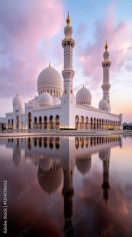 Obraz premium Grand mosque at sunset during Ramadan with reflections in water