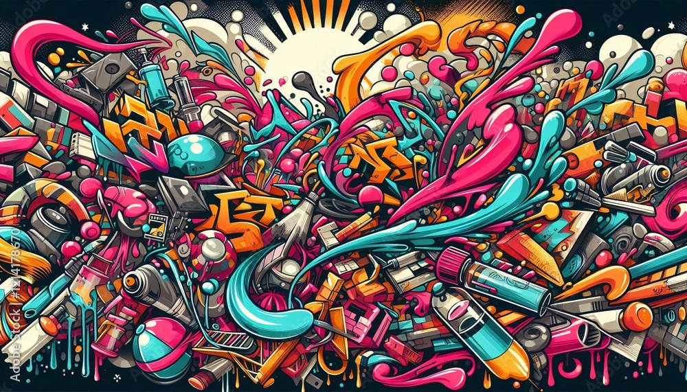 Vibrant Graffiti Art Explosion: A dynamic and colorful explosion of graffiti art, showcasing a whirlwind of vibrant colors, bold shapes, and intricate details. Vibrant Graffiti Art Explosion: A dynamic and colorful explosion of graffiti art, showcasing a whirlwind of vibrant colors, bold shapes, and intricate details.
