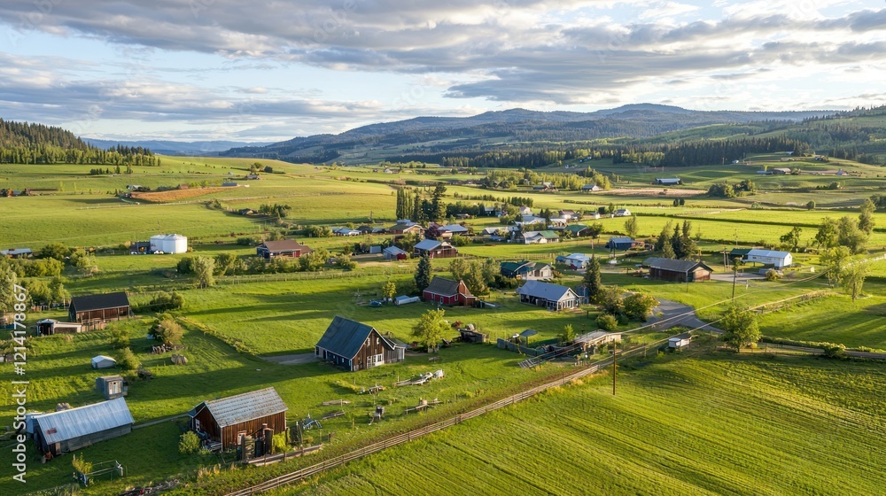 Naklejka premium A small rural community with houses spread out across green fields, with farms and barns in the distance.
