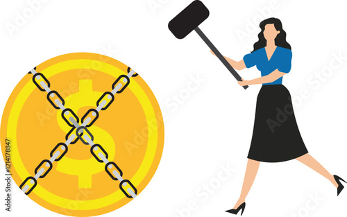 Violent unlocking, breaking free, solving business problems or business shackles, monetary or wealth freedom, businesswoman with a sword trying to split the shackles that hold the dollar
