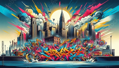 Urban Sunset Graffiti: Vibrant graffiti art explodes across a cityscape backdrop, with the iconic New York skyline silhouetted against a fiery sunset, creating a dynamic and energetic image.