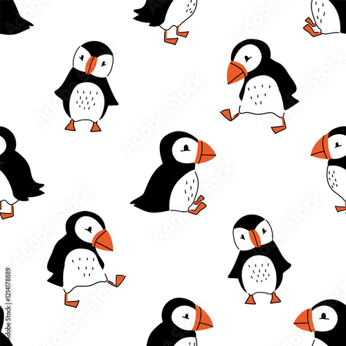 A seamless pattern with cute puffin birds. Nordic seagull baby print.