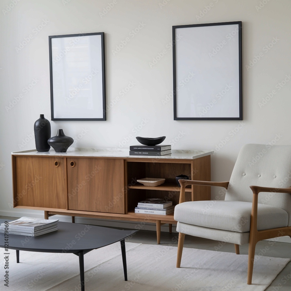 2 Wandposter-Mockup im Wohnzimmer. Innenraum-Mockup mit Haus-Hintergrund. Modernes Innendesign. 3D-Render. 2 Wandposter-Mockup im Wohnzimmer. Innenraum-Mockup mit Haus-Hintergrund. Modernes Innendesign. 3D-Render.