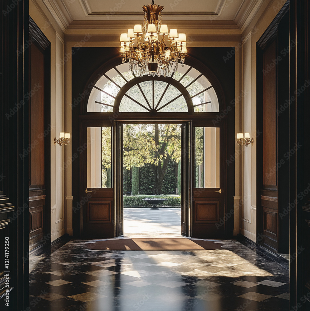 Fototapeta premium Grand Entrance home, looking into the entrance from outside of open Front Door, photography, interior design style, chandelier feature light, dramatic lighting, luxury