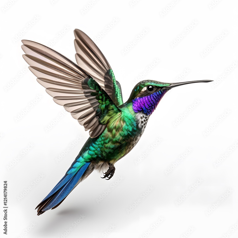 Fototapeta premium Vibrant Hummingbird in Flight with Iridescent Plumage white bg
