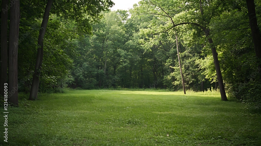 Obraz premium Tranquil Green Forest Meadow with Sunlight Filtering Through Trees in Summer : Generative AI