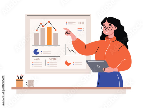 Young entrepreneur presenting a new business idea. Woman pointing at a chart on a board during a meeting. Concept of leadership and innovation. Flat vector illustration.