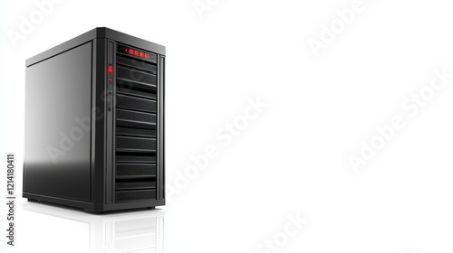 Powerful black computer tower with illuminated red light indicator, highperformance computing for modern needs
