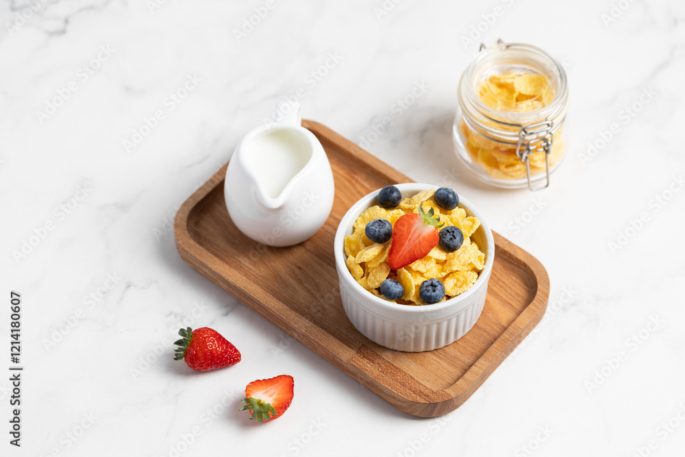 cornflakes with blueberries in a bowl and milk on a light background, breakfast cornflakes with blueberries in a bowl and milk on a light background, breakfast
