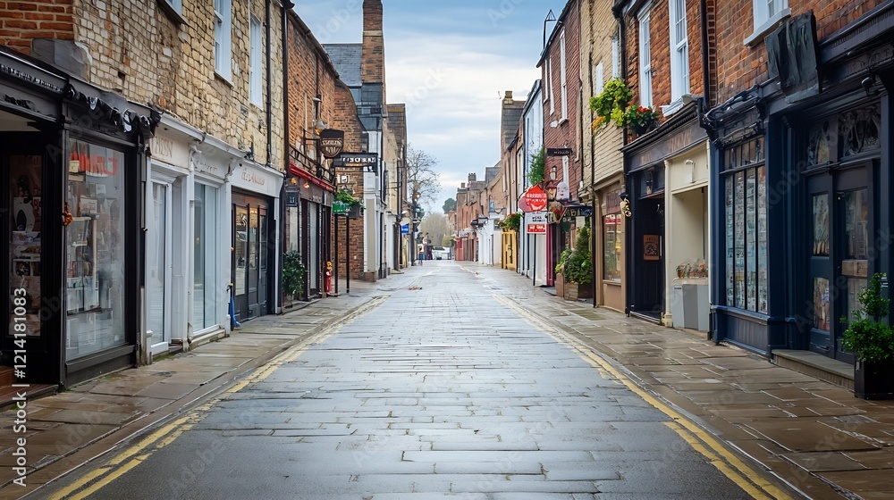 Obraz premium Historic Cobblestone Street in Charming Town with Quaint Storefronts : Generative AI