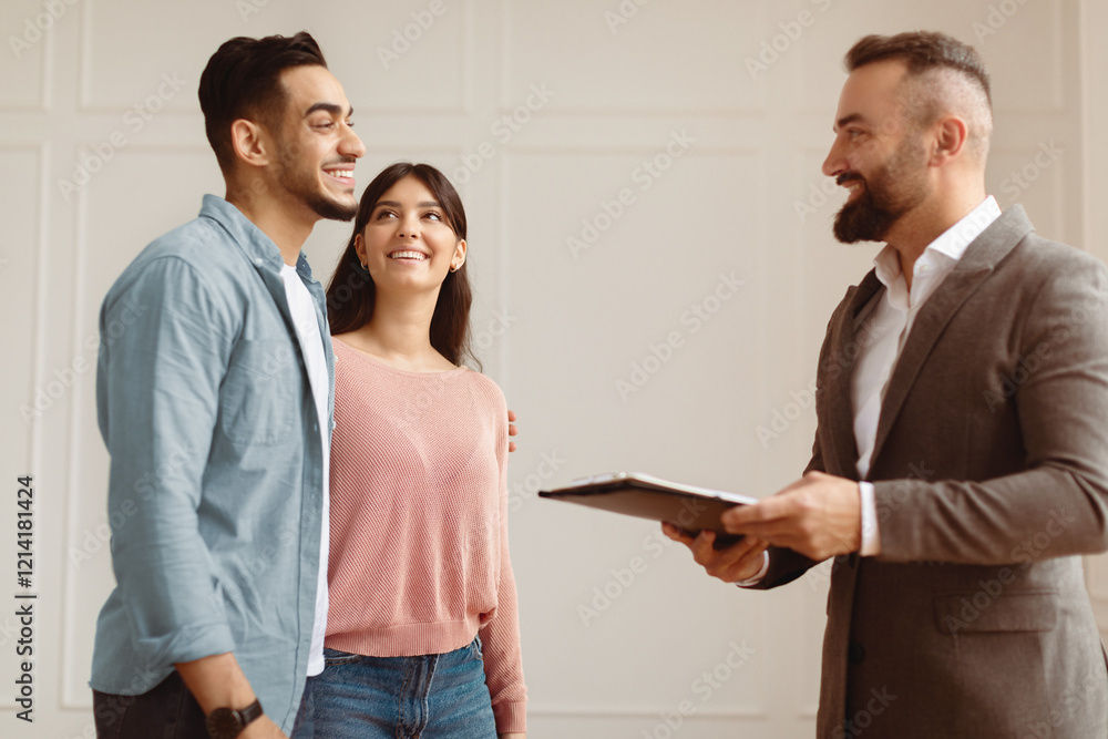 Consultation With Expert. Professional financial advisor or salesman talking with clients at meeting, insurance mortgage broker consulting young couple, making business offer to smiling family Consultation With Expert. Professional financial advisor or salesman talking with clients at meeting, insurance mortgage broker consulting young couple, making business offer to smiling family