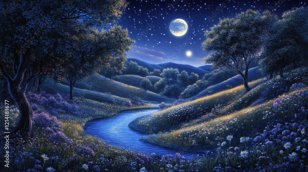 Fototapeta premium An enchanting starlit meadow with a sapphire-blue river curving through rolling hills, surrounded by majestic trees sparkling with frost-like leaves. Delicate wildflowers scatter across the scene, a l