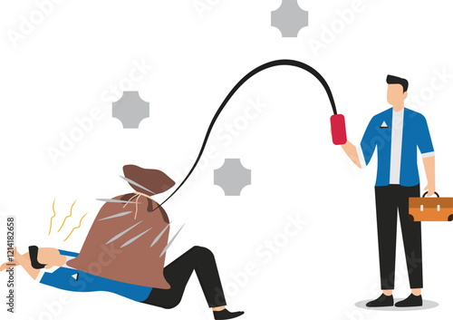 Slavery, working like a slave for the boss, exhaustion and overload of work pressure, domineering boss with a whip to beat the employees who work