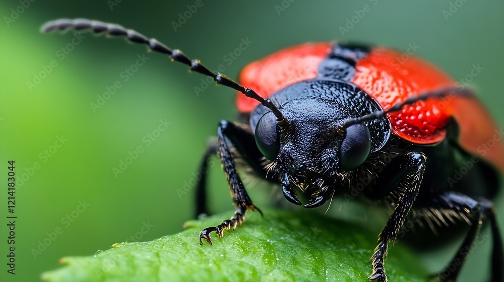 Fototapeta premium Bright Red and Black Beetle in Vibrant Nature Setting : Generative AI