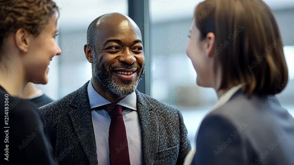 Close up picture of a happy and laughing staff or participant people group listening to a startup business owner at a trade show exhibition event. Generative AI. Close up picture of a happy and laughing staff or participant people group listening to a startup business owner at a trade show exhibition event. Generative AI.