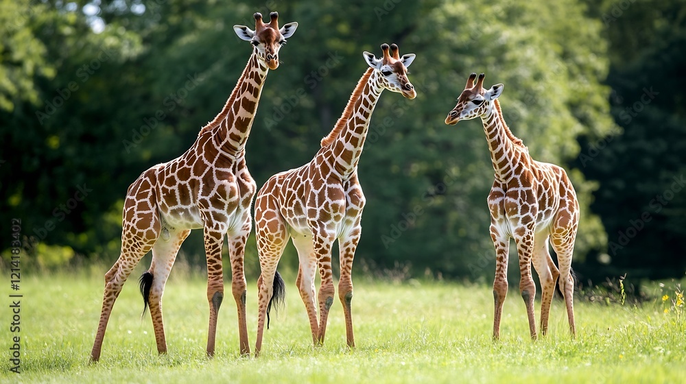 Obraz premium Three giraffes gracefully standing on lush green grass in a serene forest landscape : Generative AI